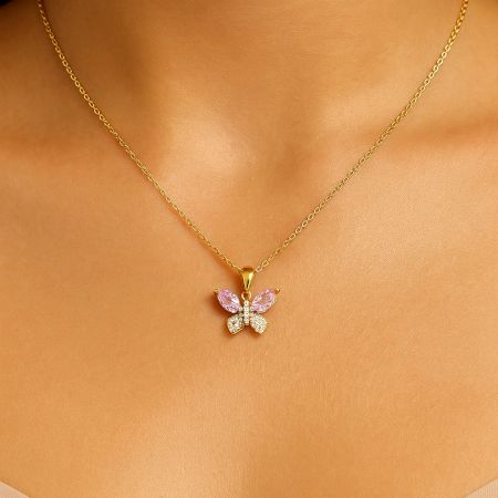 Pink 18K Gold Plated Crystal Butterfly Pendant Necklace